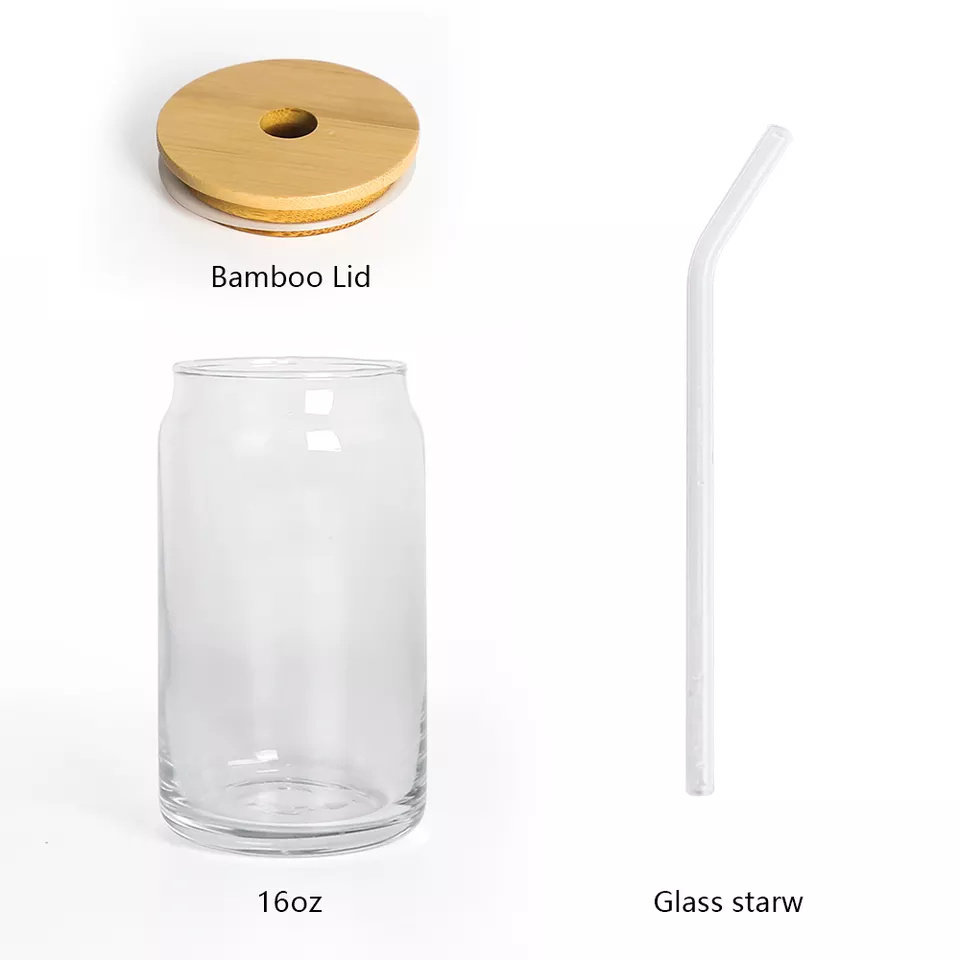 Beer mug with bamboo lid and straw aesthetic glass beer can|450ml