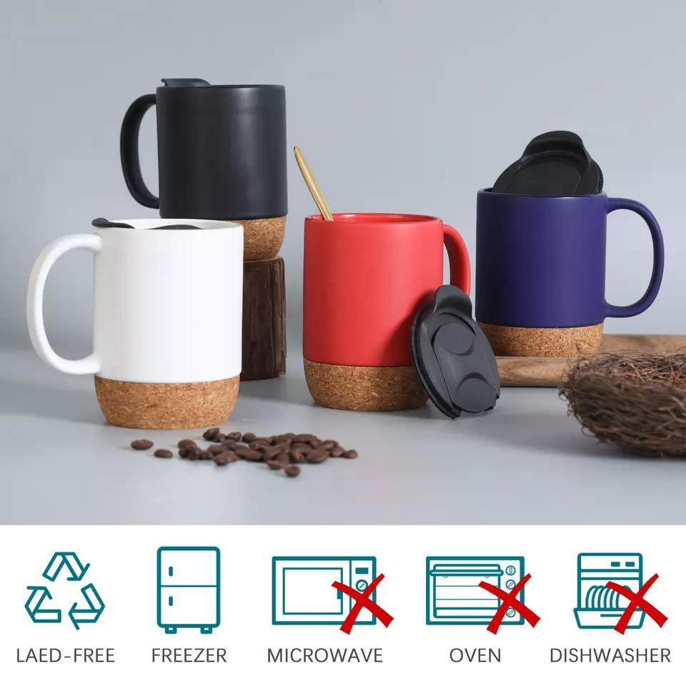 Hot selling  blue coffee cups with pp cover custom printed cork bottom ceramic mugs|12oz