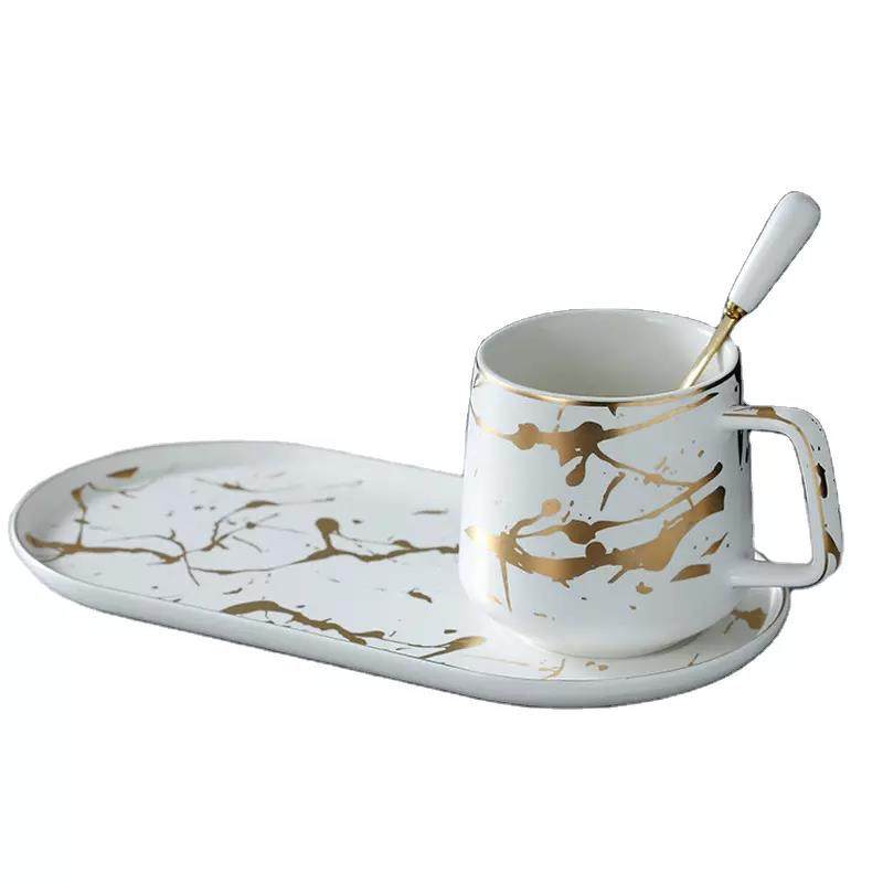 Custom gift ceramic tea cups & saucers gold marble ceramic coffee cups mugs set custom logo ceramic saucer mug set|300/400ml|