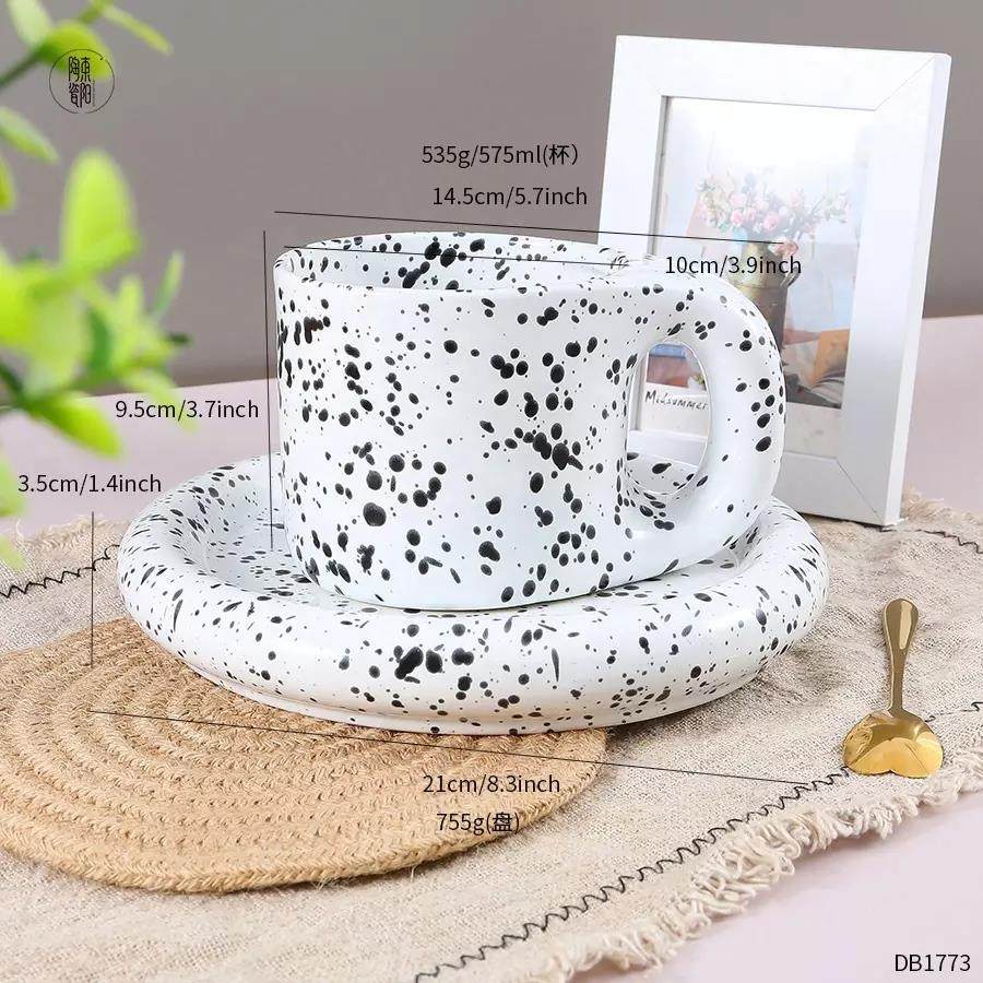 Coffee cup and saucers ceramic porcelain mug big ears hand hold pattern splash ink cup fat coffee cup set|575ml