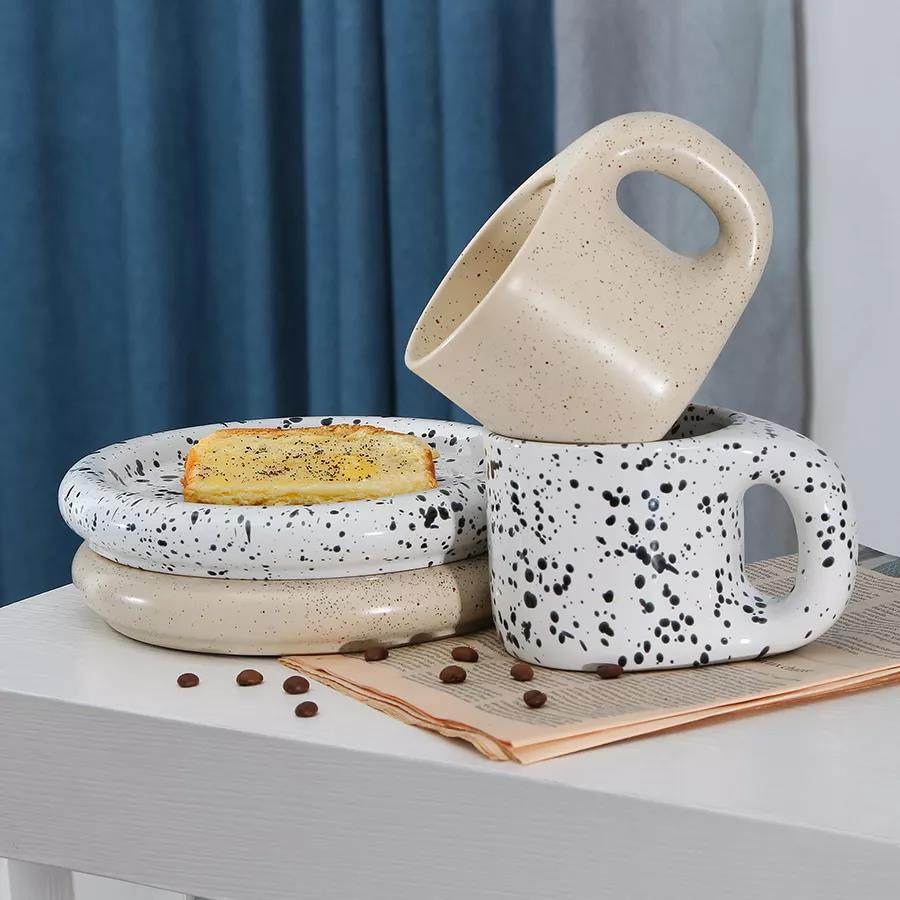 Coffee cup and saucers ceramic porcelain mug big ears hand hold pattern splash ink cup fat coffee cup set|575ml