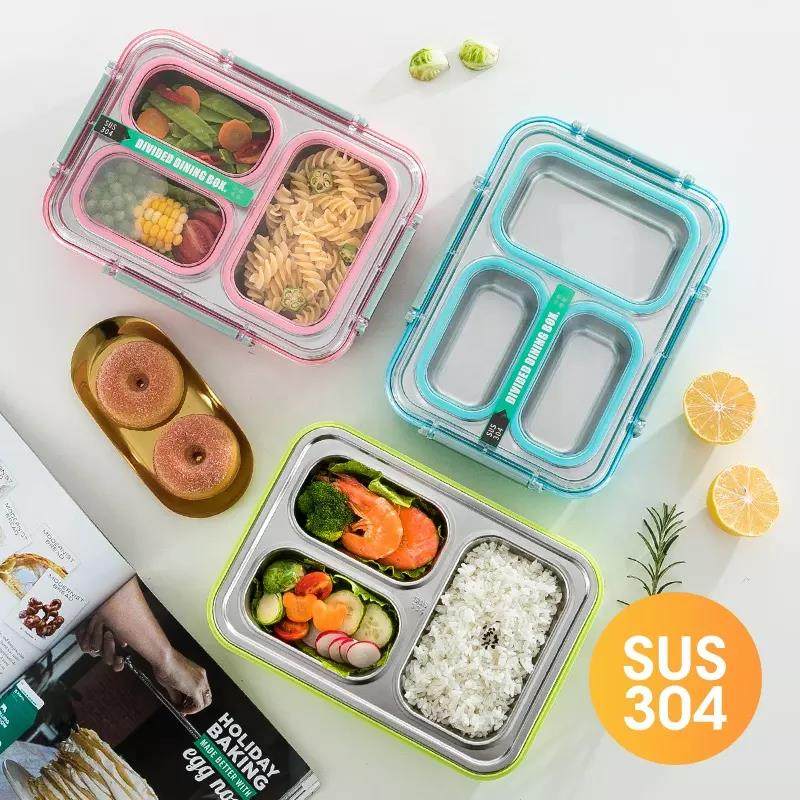 Leakproof bento 3/4 compartment double layer insulated stainless steel with plastic hidden handle|1-3L