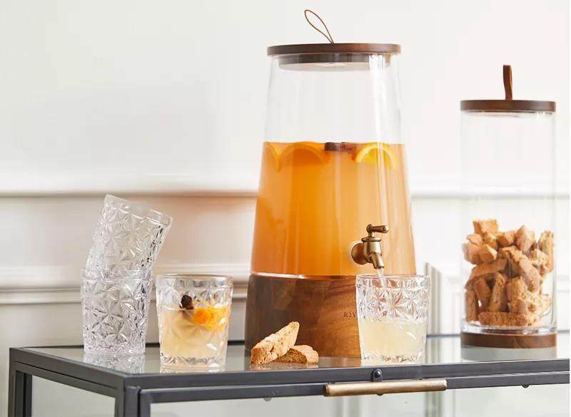 Hot salling new design clear glass beverage dispenser with acacia wood lid and base--Grace