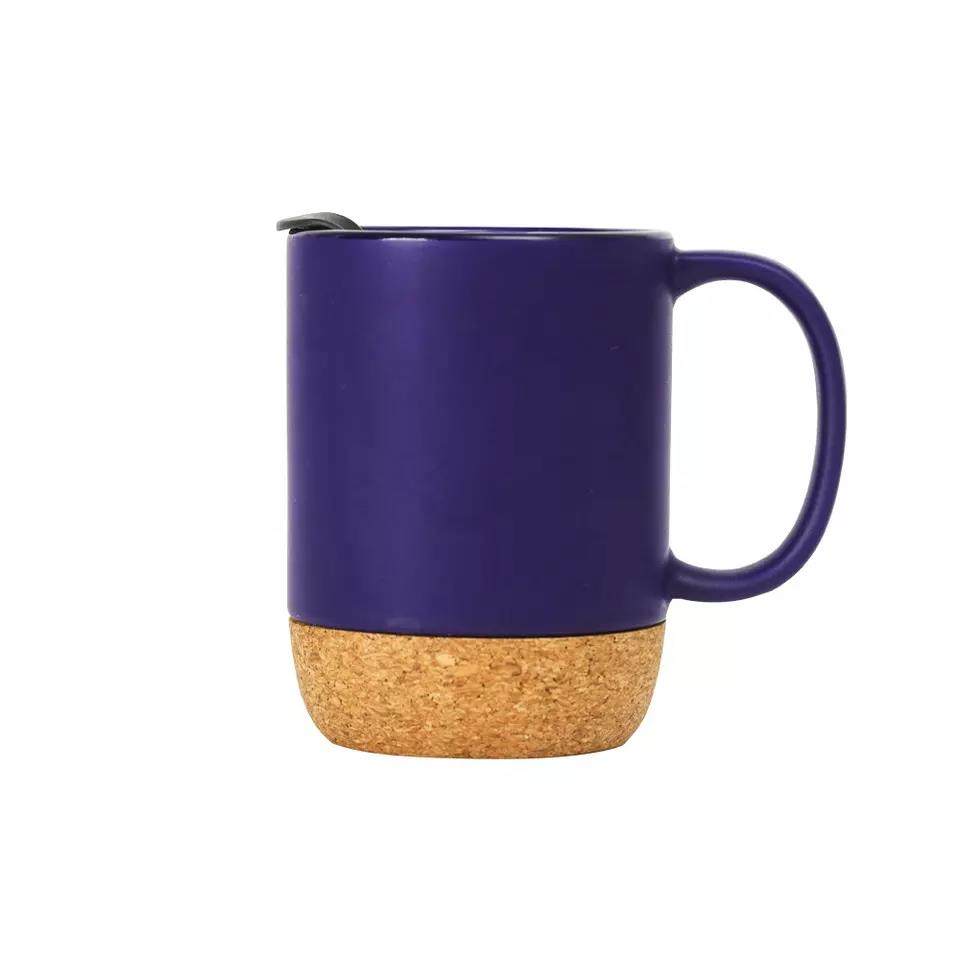 Hot selling  blue coffee cups with pp cover custom printed cork bottom ceramic mugs|12oz