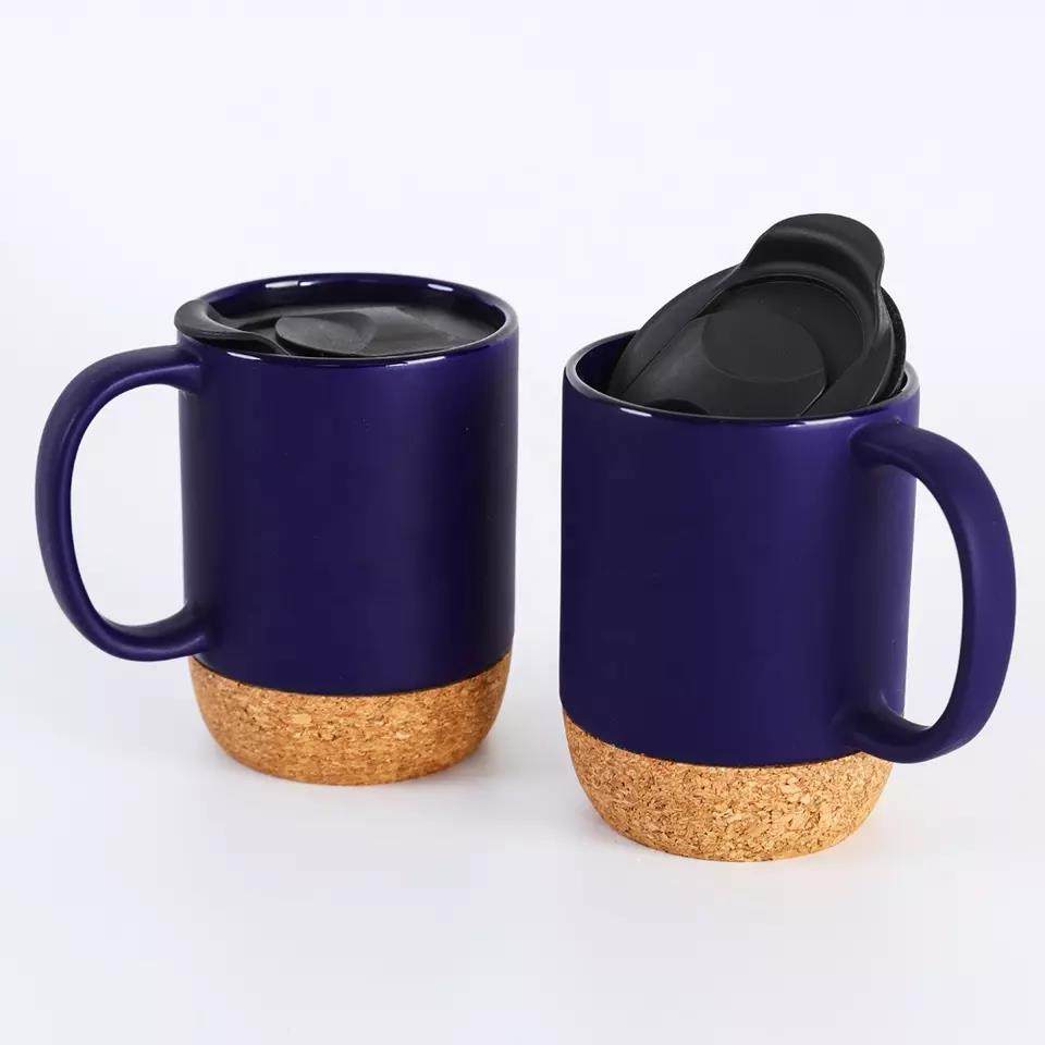 Hot selling  blue coffee cups with pp cover custom printed cork bottom ceramic mugs|12oz