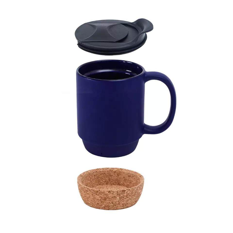 Hot selling  blue coffee cups with pp cover custom printed cork bottom ceramic mugs|12oz