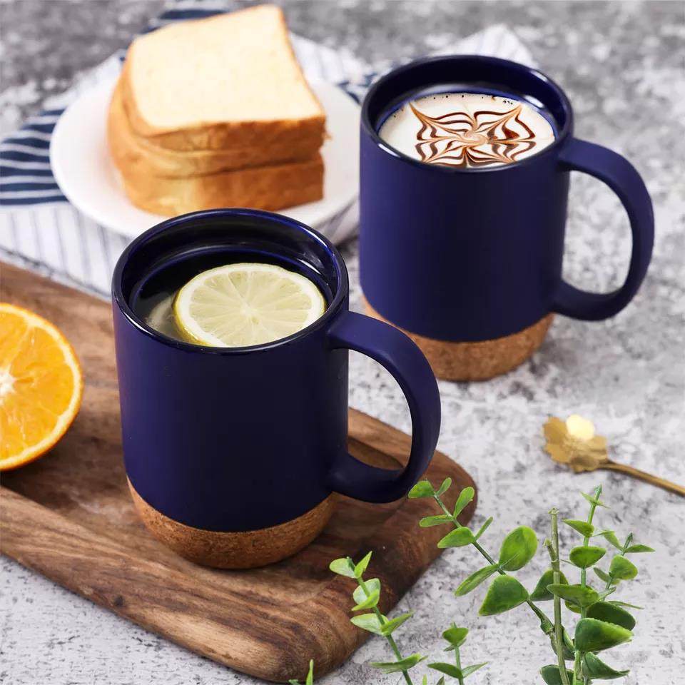 Hot selling  blue coffee cups with pp cover custom printed cork bottom ceramic mugs|12oz