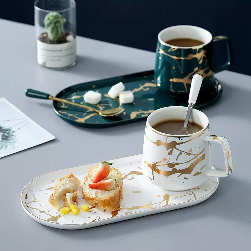 Custom gift ceramic tea cups & saucers gold marble ceramic coffee cups mugs set custom logo ceramic saucer mug set|300/400ml|