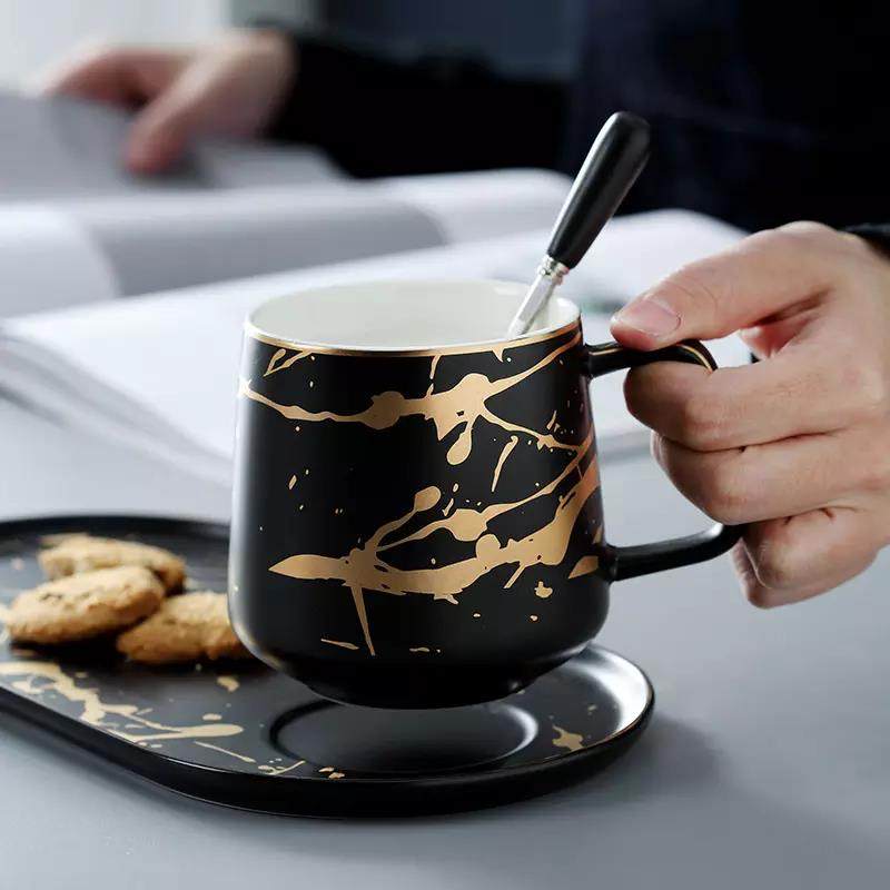 Custom gift ceramic tea cups & saucers gold marble ceramic coffee cups mugs set custom logo ceramic saucer mug set|300/400ml|