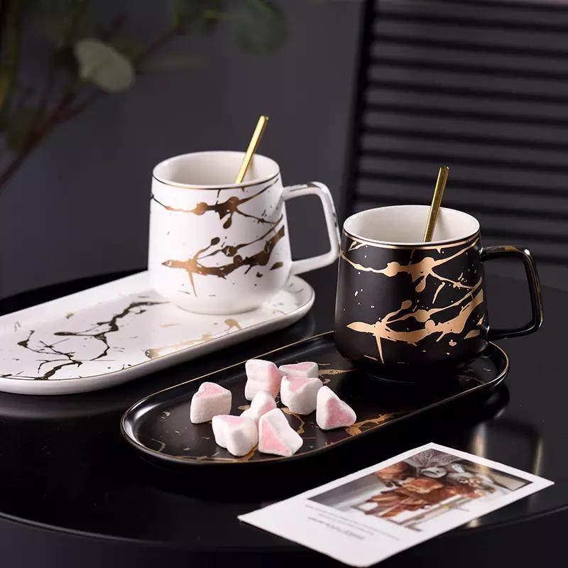 Custom gift ceramic tea cups & saucers gold marble ceramic coffee cups mugs set custom logo ceramic saucer mug set|300/400ml|
