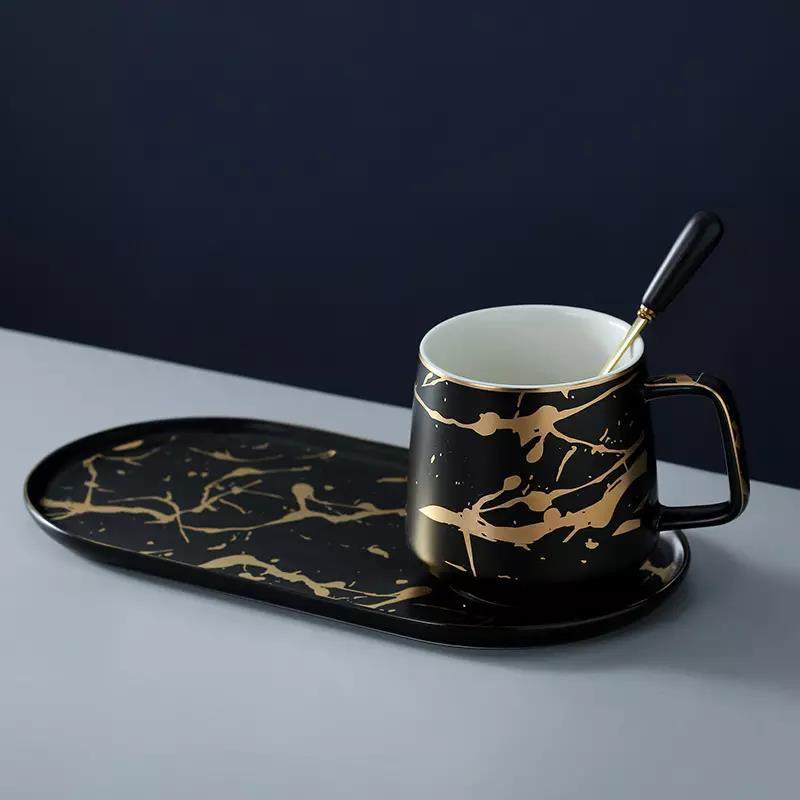 Custom gift ceramic tea cups & saucers gold marble ceramic coffee cups mugs set custom logo ceramic saucer mug set|300/400ml|