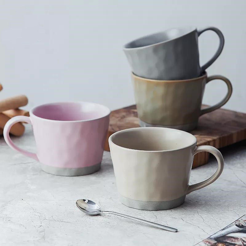 Wholesale Ceramic Tea Cups Pink Grey Khaki Color Sesame Glaze Stoneware Vintage Mug Porcelain Matte Coffee Mug & Cup|350ml