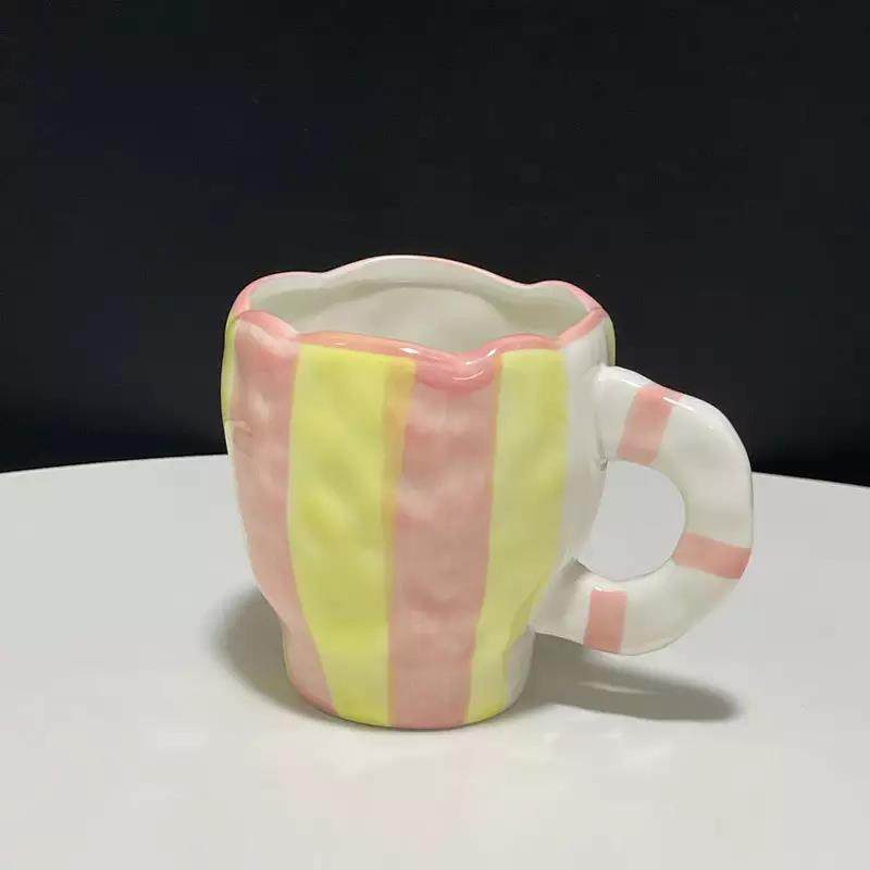 LOW MOQ Pottery Teacups Handpainted Fancy Pink Color Porcelain Arabic Coffee Tea Mugs Korean Cups for Cafe|400/500ml