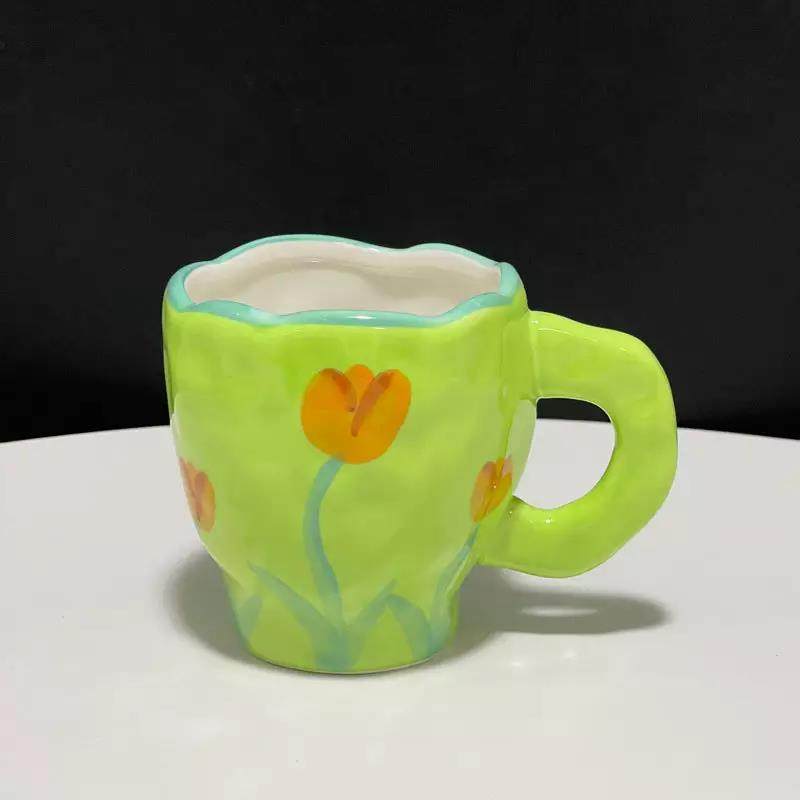 LOW MOQ Pottery Teacups Handpainted Fancy Pink Color Porcelain Arabic Coffee Tea Mugs Korean Cups for Cafe|400/500ml