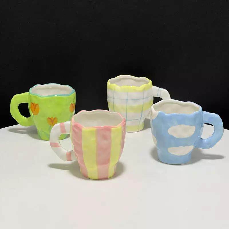LOW MOQ Pottery Teacups Handpainted Fancy Pink Color Porcelain Arabic Coffee Tea Mugs Korean Cups for Cafe|400/500ml