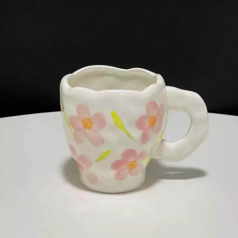 LOW MOQ Pottery Teacups Handpainted Fancy Pink Color Porcelain Arabic Coffee Tea Mugs Korean Cups for Cafe|400/500ml