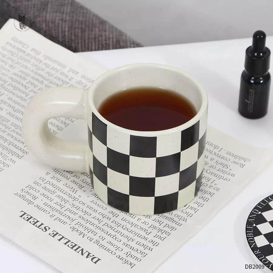 ceramic mug check pattern custom logo gift set porcelain capppuccino cup funny coffee mugs|10oz