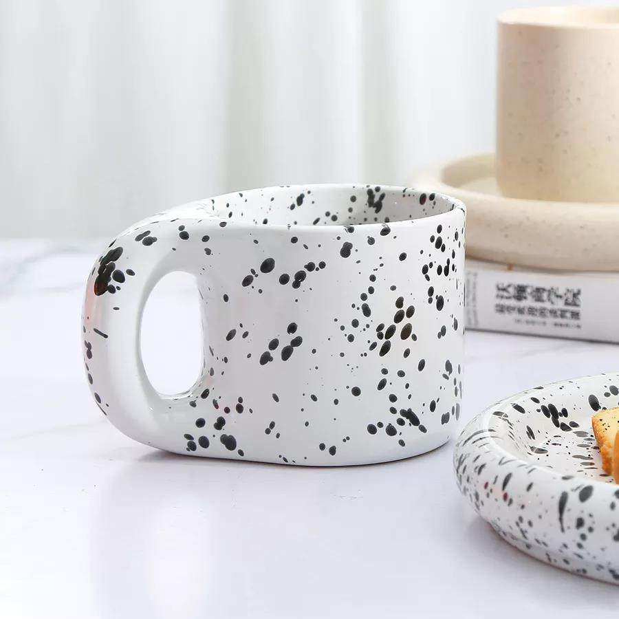 Coffee cup and saucers ceramic porcelain mug big ears hand hold pattern splash ink cup fat coffee cup set|575ml