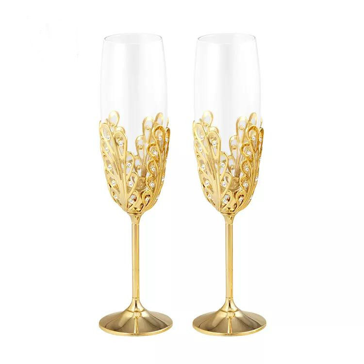 Crystocraft Luxury 24k Gold Plated Wedding Champagne Flutes K9 Glasses Decorated with Brilliant Cut Crystals Wedding Gift|200ml