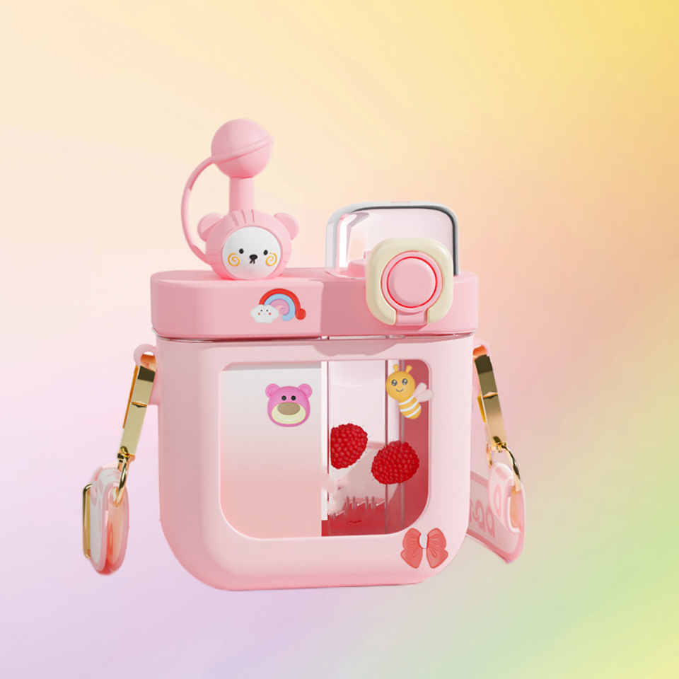 GIRLS SCHOOL CHILDREN PORTABLE CUTE SQUARE DOUBLE STRAW ANTI-FALL WATER CUP | 20 OZ 580ML