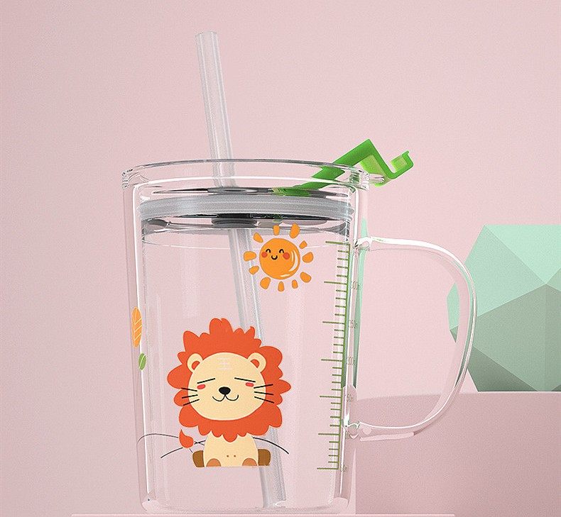 CHILDREN CARTOON MILK CUP TRANSPARENT SCALE GLASS CUP FOR TOD | 12 OZ 350ML