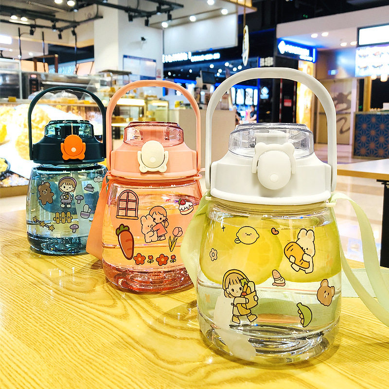 Large-capacity plastic straw cup summer lovely sports pot pot student space kettle customized double drinking cup|1000ml