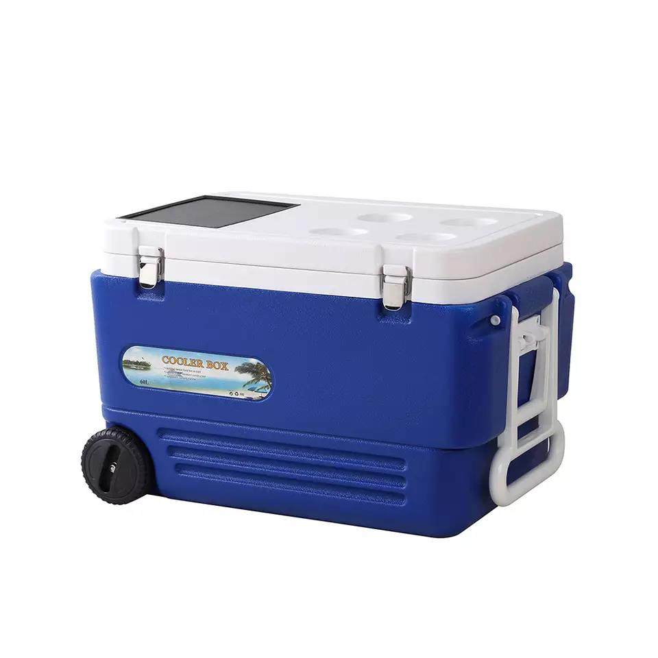 60L Portable Outdoor Ice Chest Picnic Eco Friendly Hiking Rotomolded Plastic Ice box Coolers with Solar Panel