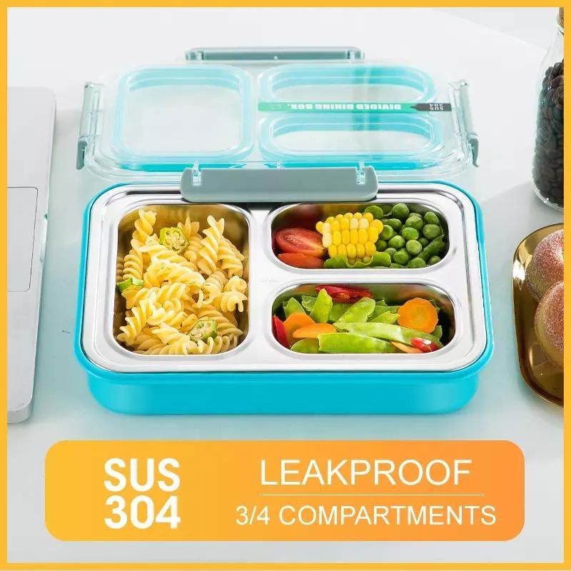 Leakproof bento 3/4 compartment double layer insulated stainless steel with plastic hidden handle|1-3L