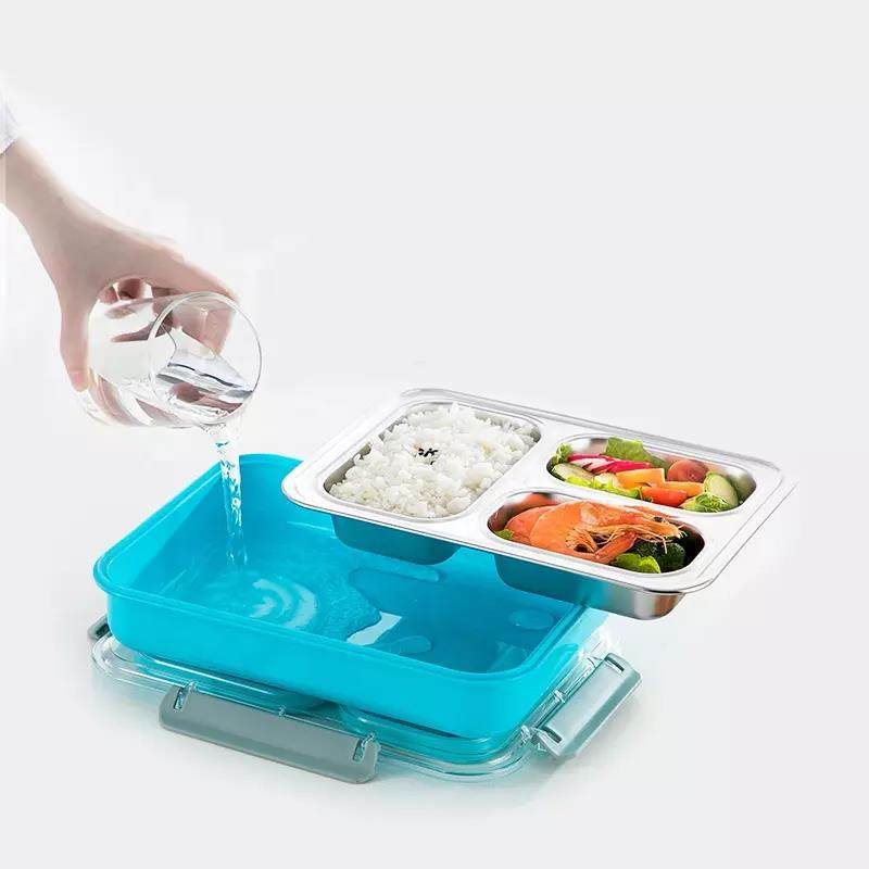 Leakproof bento 3/4 compartment double layer insulated stainless steel with plastic hidden handle|1-3L