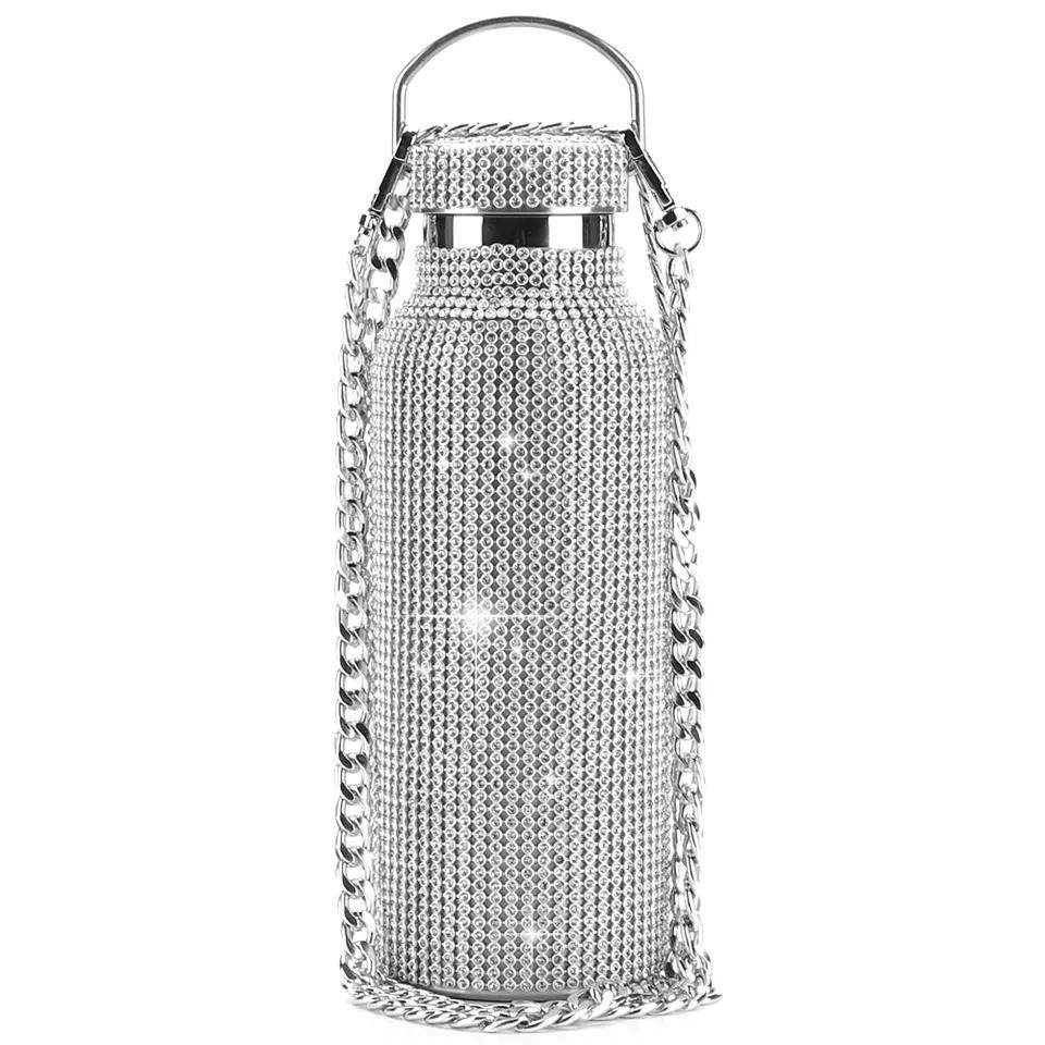 Color crystal rhinestone diamond golden bead stainless steel vacuum heat preservation bottle|500ML