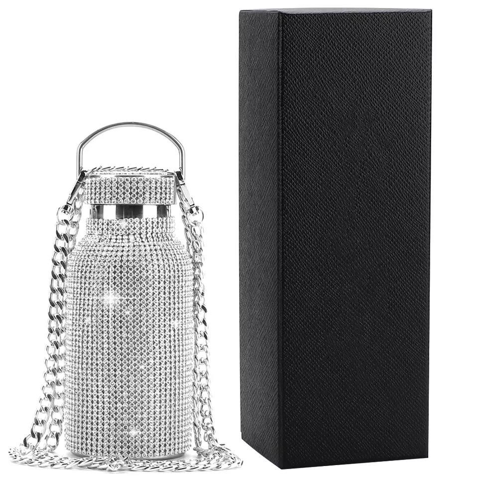 Color crystal rhinestone diamond golden bead stainless steel vacuum heat preservation bottle|500ML
