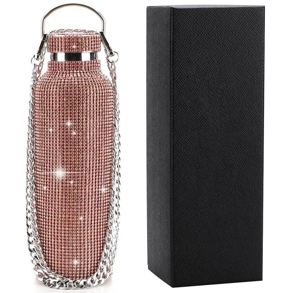 Color crystal rhinestone diamond golden bead stainless steel vacuum heat preservation bottle|500ML