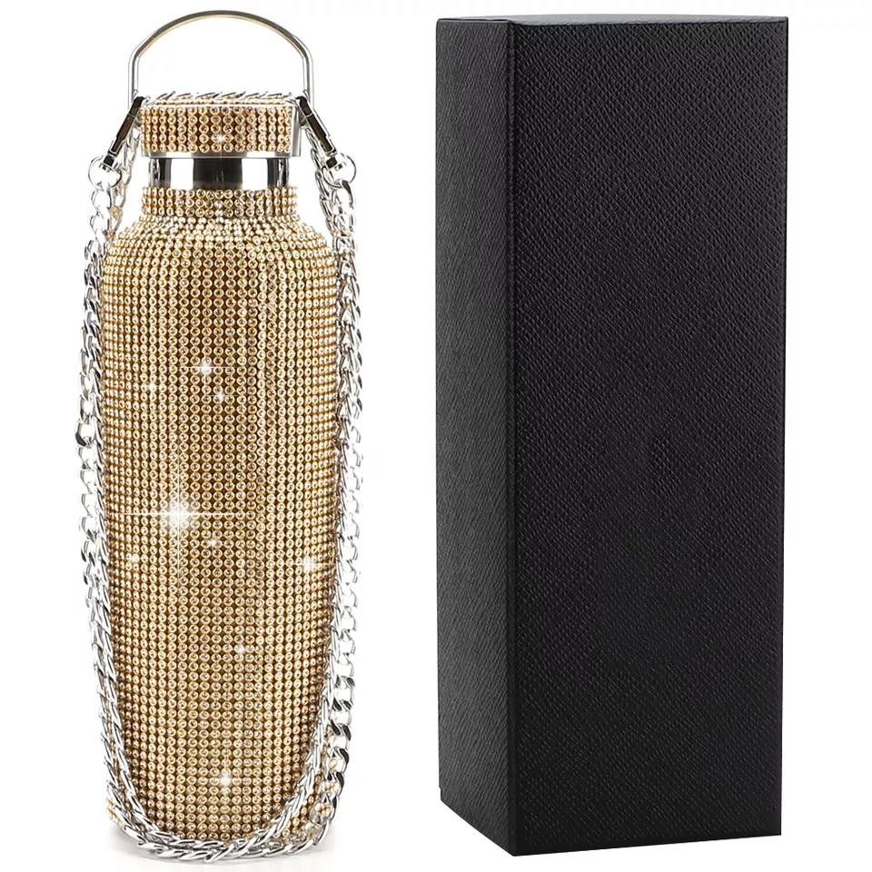 Color crystal rhinestone diamond golden bead stainless steel vacuum heat preservation bottle|500ML