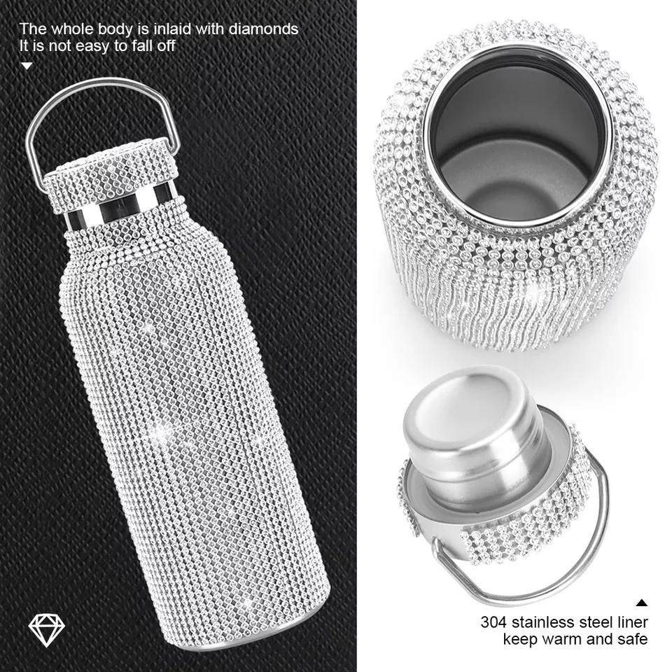 Color crystal rhinestone diamond golden bead stainless steel vacuum heat preservation bottle|500ML