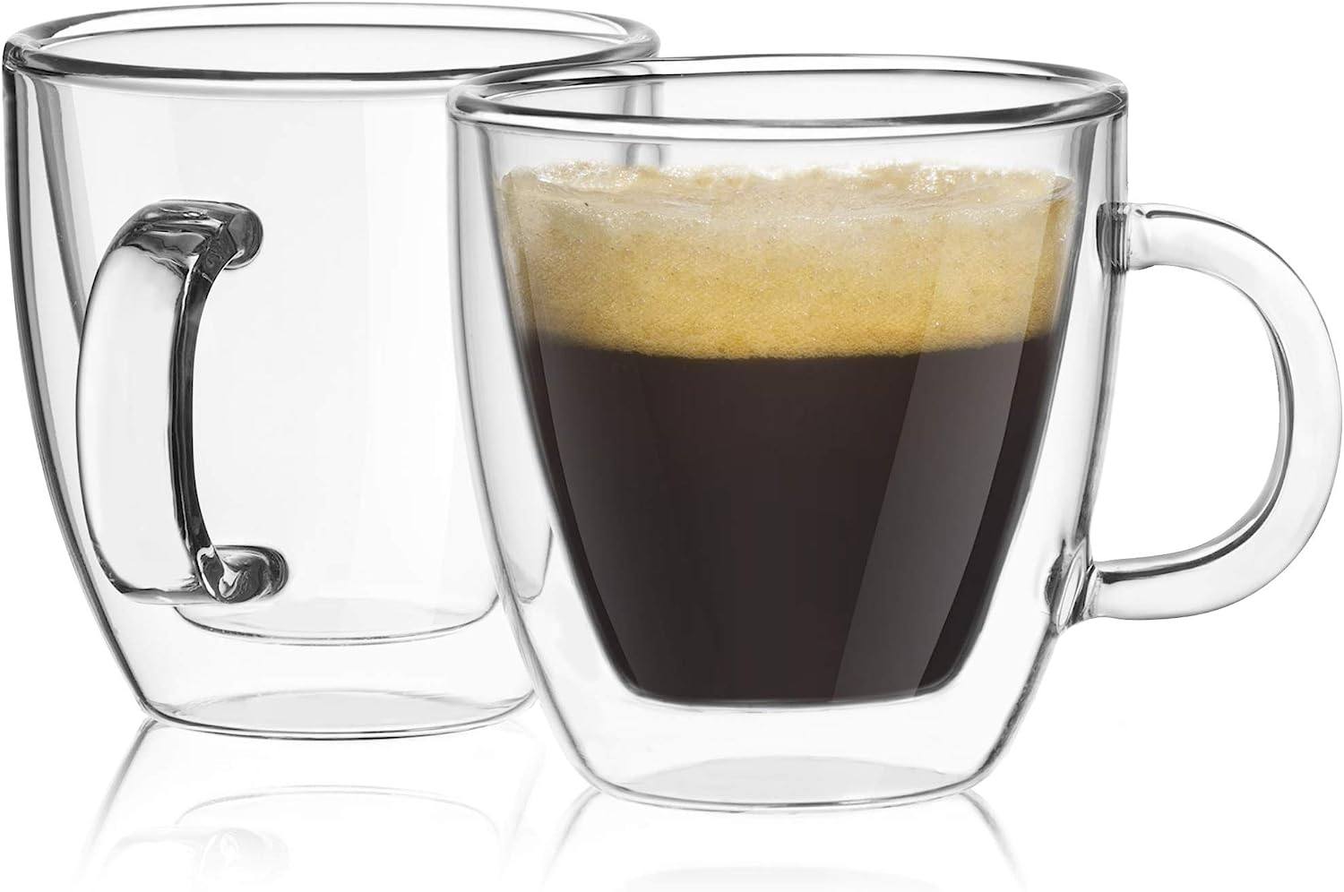 2 glass coffee cups with handle and spoon| 12oz