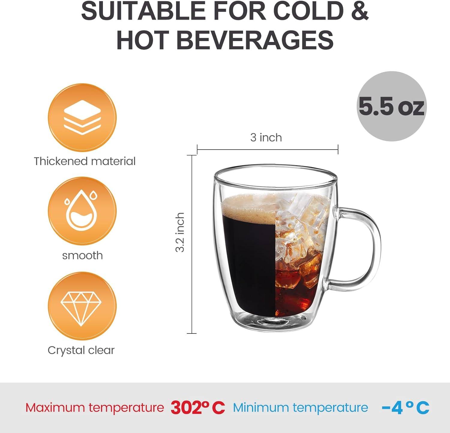 spresso cup (2-piece set), double glass coffee cup with handle thermal insulation cup espresso glass cup|5.5oz