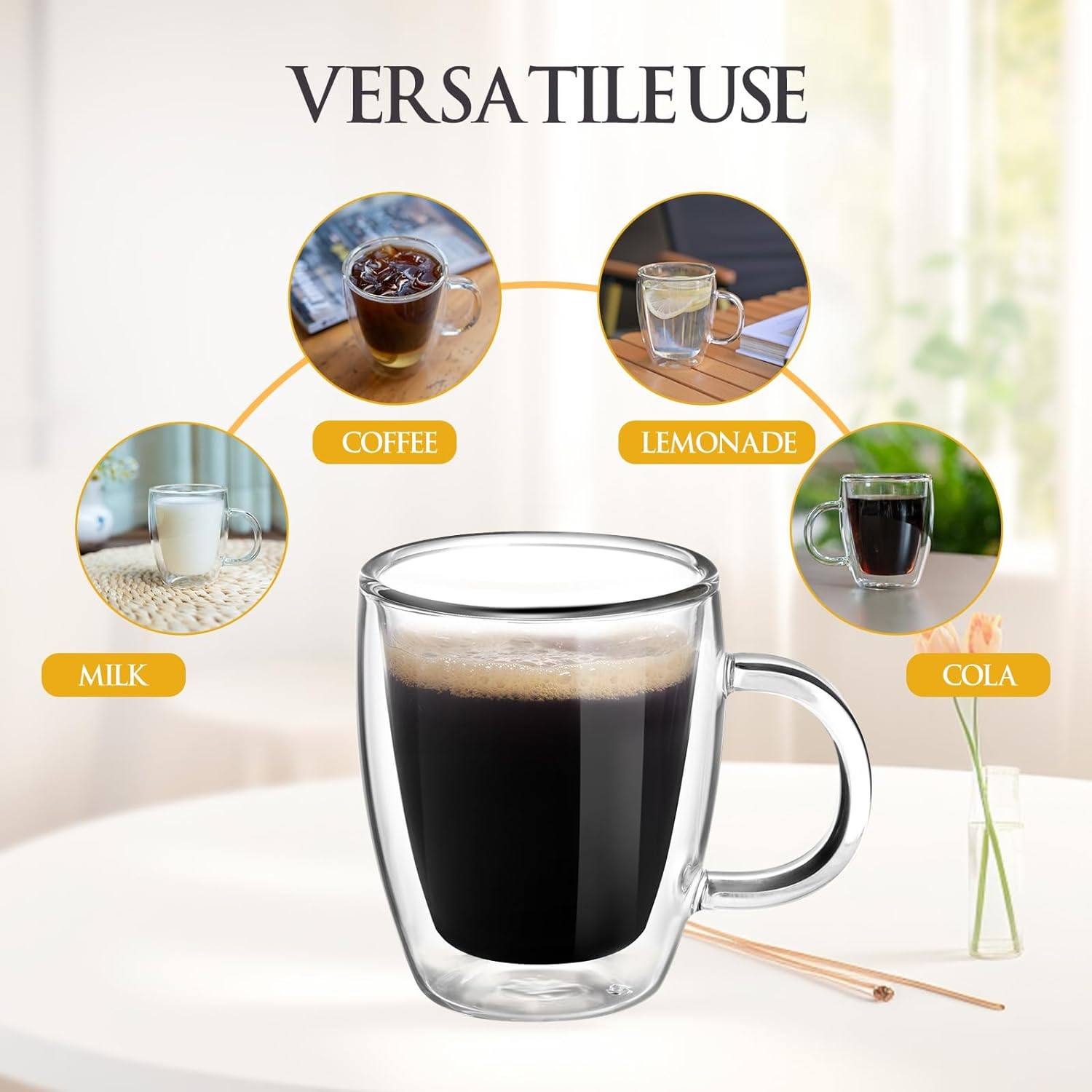 spresso cup (2-piece set), double glass coffee cup with handle thermal insulation cup espresso glass cup|5.5oz
