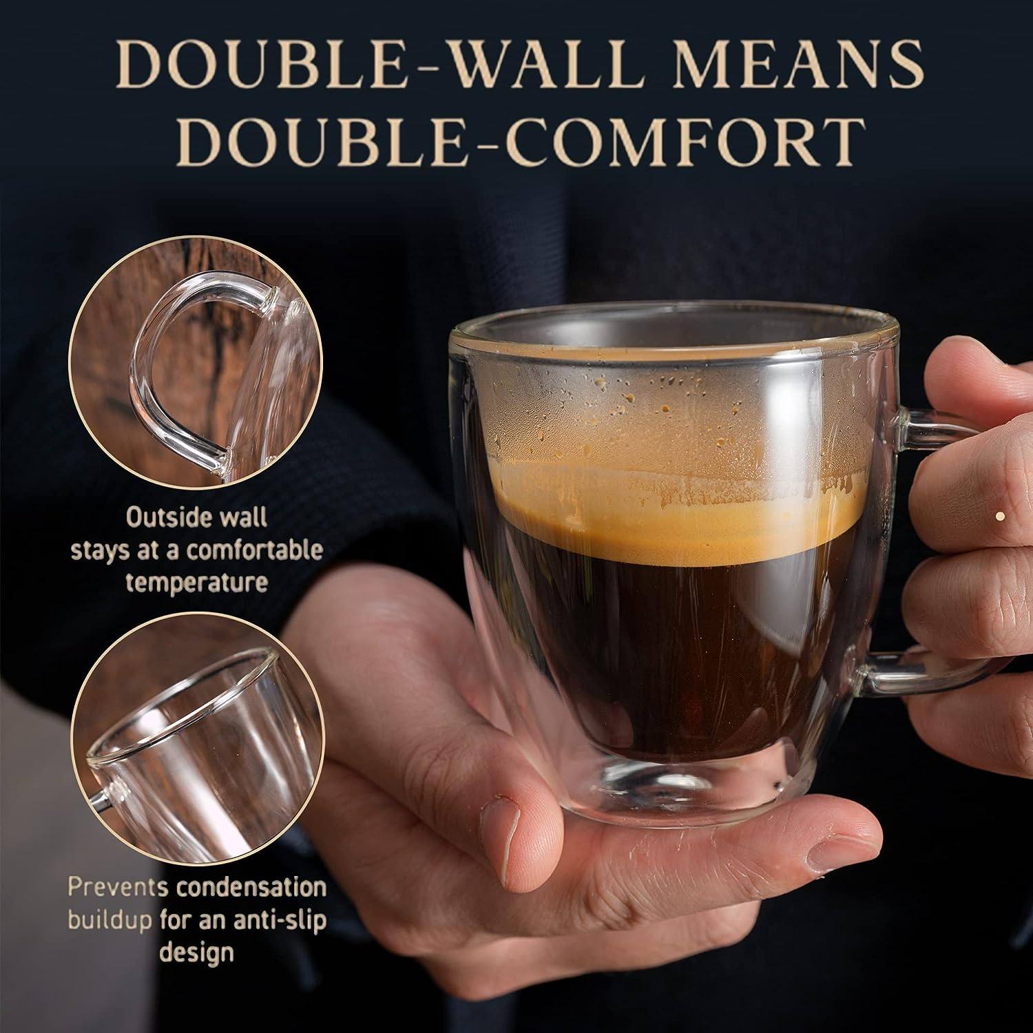spresso cup (2-piece set), double glass coffee cup with handle thermal insulation cup espresso glass cup|5.5oz