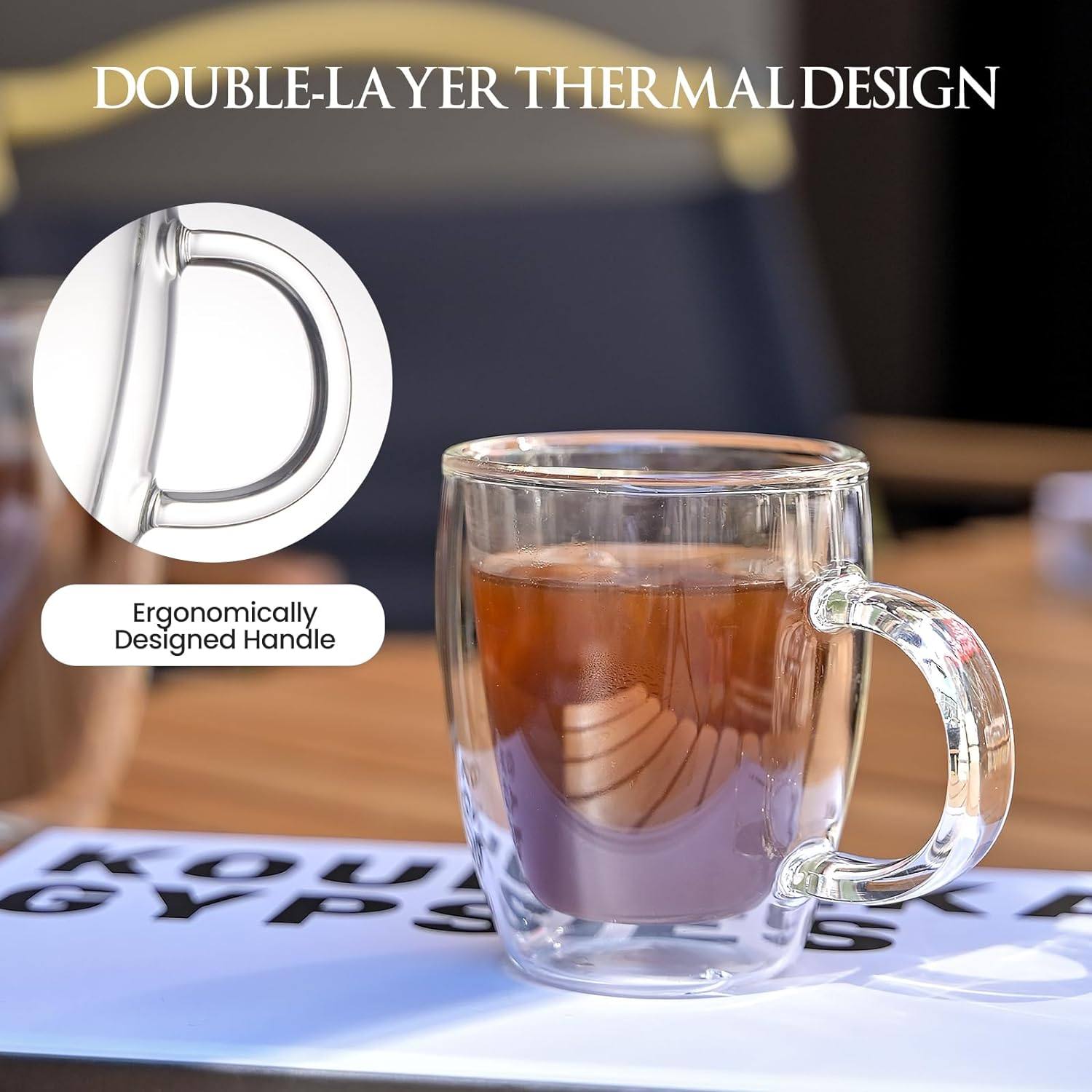 spresso cup (2-piece set), double glass coffee cup with handle thermal insulation cup espresso glass cup|5.5oz