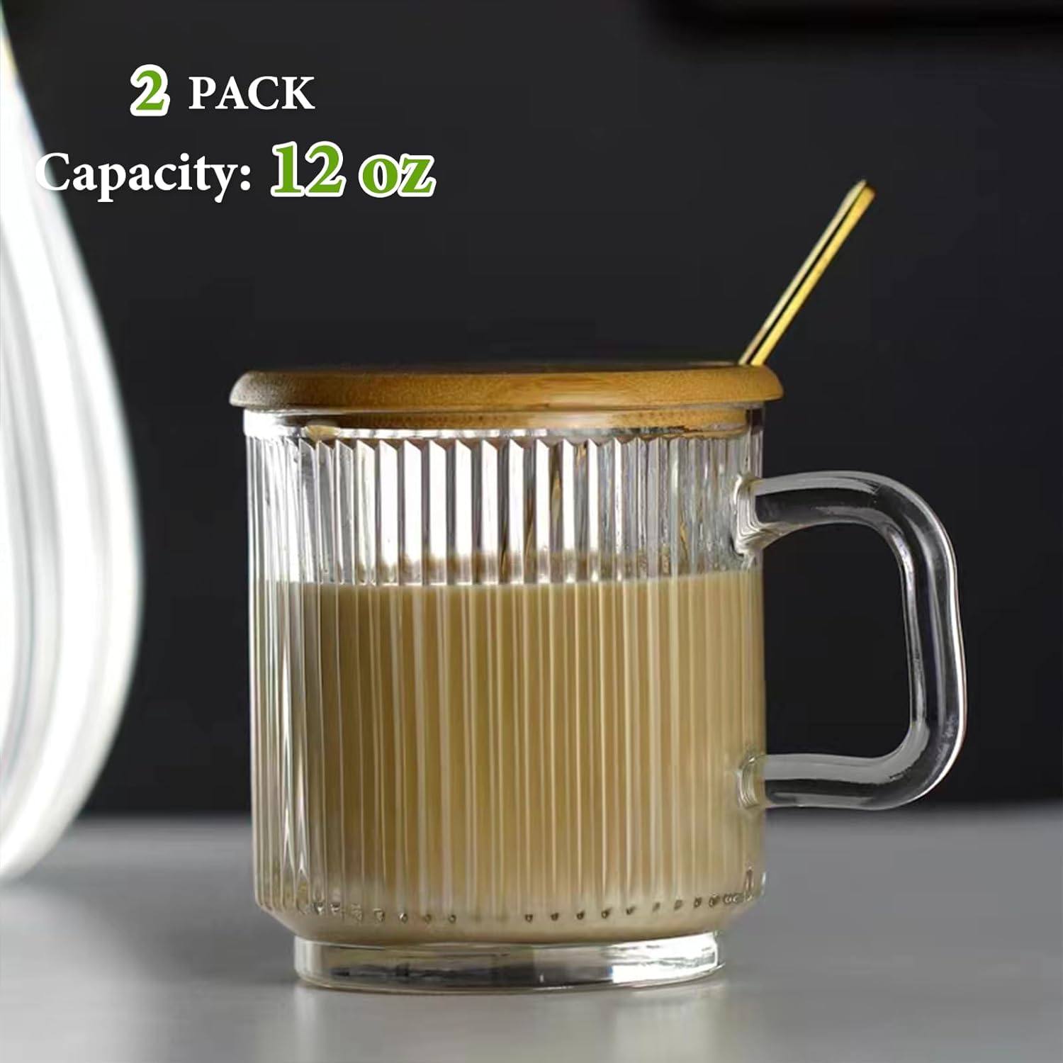 2 glass coffee cups with handle and spoon| 12oz